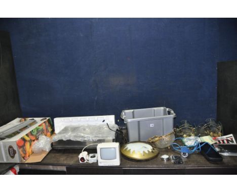 A BOX CONTAINING VEHICLE REVERSING AND CCTV CAMERAS, LIGHT FITTINGS and a Giles and Posner Buffet Server etc (round centre li