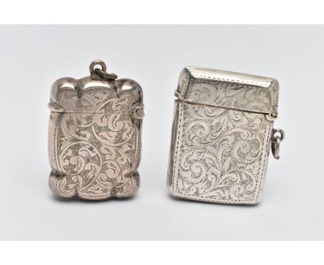 TWO SILVER VESTA CASES, the first of a rectangular form, detailed with acanthus leaves and engraved cartouche, striker to the