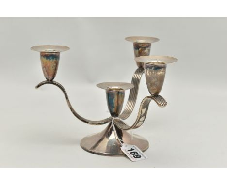 A SILVER CANDLE STICK HOLDER, four candle holder with three branches, on a round base, hallmarked 'Albert Edward Jones' Birmi