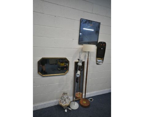 FOUR VARIOUS WALL MIRRORS, of various styles and sizes, along with two standard lamps, and a table lamp (7)