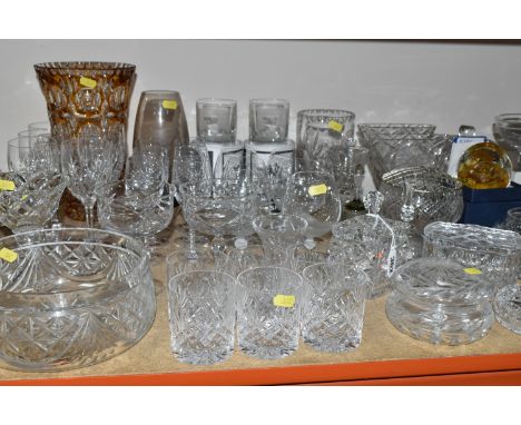 A GROUP OF CUT CRYSTAL AND COLOURED GLASS, comprising a large Edinburgh Crystal champagne coupe, a boxed Waterford Crystal fo