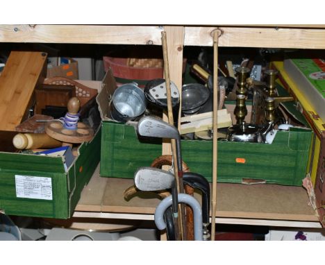 TWO BOXES, A STICK STAND AND LOOSE METALWARES, GOLF CLUBS, WALKING STICKS AND TREEN, to include a brass jam kettle, two pairs