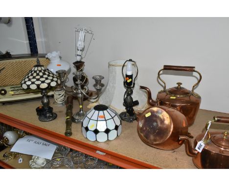 A GROUP OF LAMPS AND METALWARE, comprising a three draw brass Britannic telescope made by B.C &amp; Co., three large Georgian