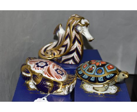 THREE BOXED ROYAL CROWN DERBY IMARI PAPERWEIGHTS, comprising Crab, issued 1988-91, Terrapin, issued 2000-08 and Seahorse, iss