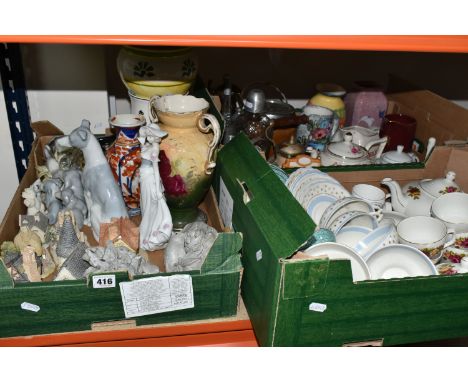 THREE BOXES OF CERAMICS AND ORNAMENTS, to include six David Winter cottages, a Bell's Scotch Whisky water jug, a Davenports w