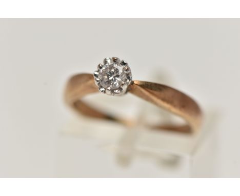 A 9CT GOLD SINGLE STONE DIAMOND RING, set with a round brilliant cut diamond, estimated diamond weight 0.20cts, claw set in a