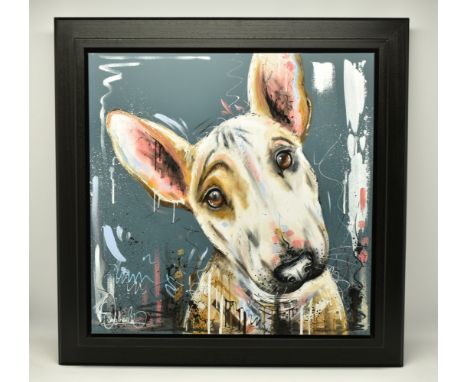 SAMANTHA ELLIS (BRITISH 1992) 'DID YOU SAY WALKIES?', a portrait of a puppy dog, signed bottom left, oil on canvas, approxima