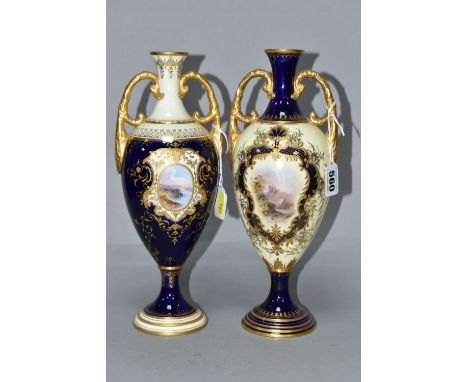 TWO EARLY 20TH CENTURY COALPORT TWIN HANDLED PEDESTAL VASES IN BLUE, PALE YELLOW AND GILT, both lacking covers, hand painted 