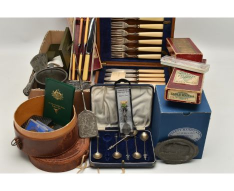 A BOX OF ASSORTED ITEMS, to include a selection of coins, a white metal 'Watkins Bee Meter', assorted white metal spring clas