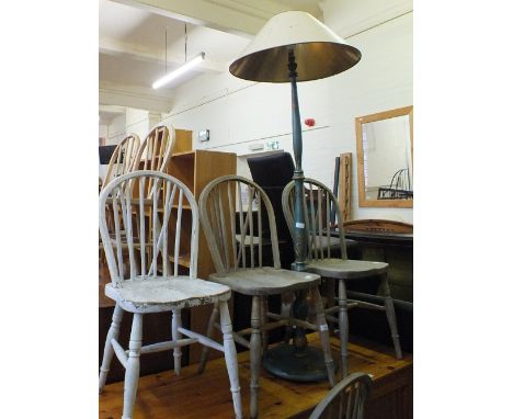 A blue Chinoiserie standard lamp and four stick back chairs