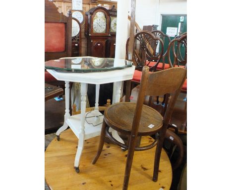 A Victorian mahogany balloon back cane seat chair, one other white painted bentwood chair, a painted occasional table, a mirr