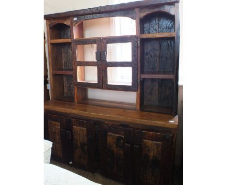 A South African shelf back and cupboard dresser made from reclaimed railway sleepers, height 73", width 59 1/2", depth 18"