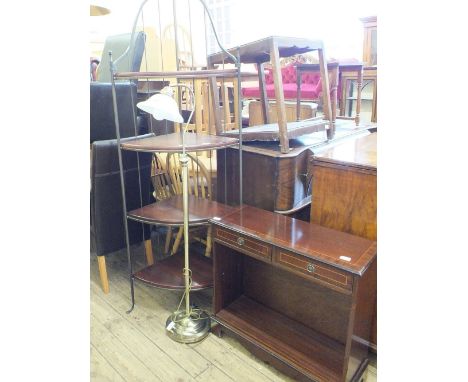 A modern metal framed corner whatnot, a brass standard lamp and a reproduction inlaid mahogany two drawer bookshelf