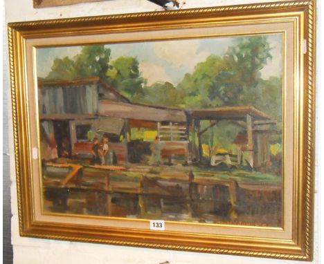 Maud K. Johnston, an impressionistic riverside scene with figures titled verso "Some shacks on Miami River, Florida"