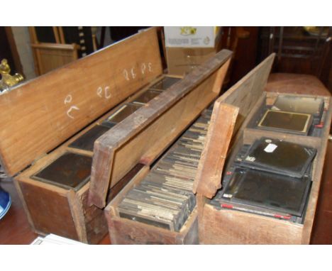 Lantern slides: 3 wood boxes inc. many Naval, Topographical, Historical, Art etc. and Hymns (approx 300)