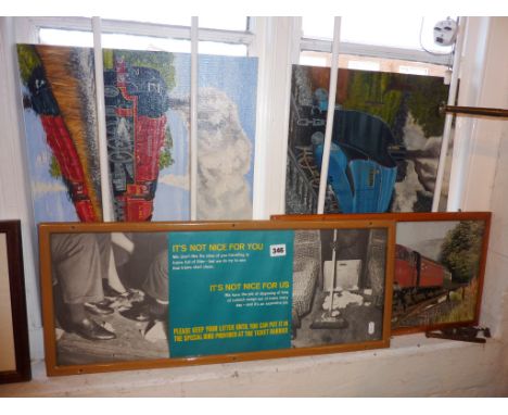Two vintage frames for British Rail carriage posters, one with original 1950's Littering poster, inc. another similar framed 