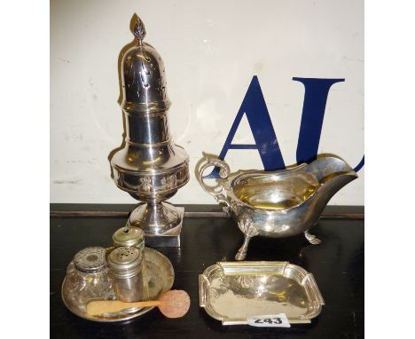 Silver sugar shaker, silver Walker & Hall sauce boat, WW2 pin tray from the B.E.F. Draft of the Army Medical Corps to a Capta