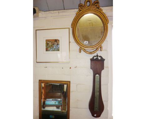 Gilt-framed oval wall mirror, a Rob Roberts Limited Edition print, another mirror etc