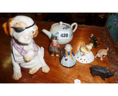 Novelty china dog with eye patch and notice reading "home from the wars", and other small china items including Meissen chick