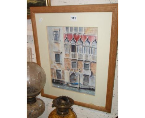 Architectural watercolour of canalside scene of Palazzo Barbaro, Venice, signed John Foster 