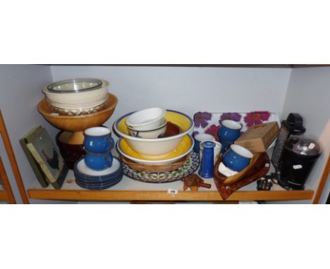 Blue Denby Stoneware cups & saucers, wooden items etc (one shelf)