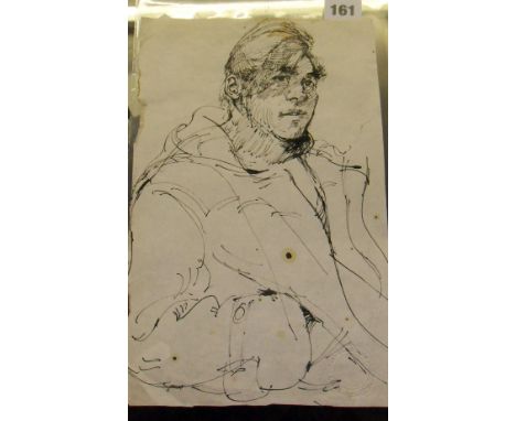 Robert Lenkiewicz (1941-2002) an ink drawing of a young man in a duffle coat 12" x 7.5", unframed, bearing the deceased artis