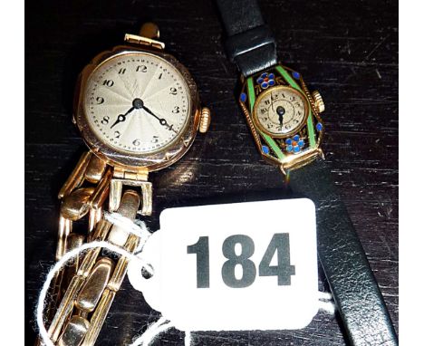 A ladies 9ct gold Art Deco watch with gold gate bracelet and an 18ct gold Art Deco Cloisonne enamel cocktail watch (both work