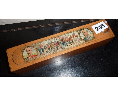 Mid Victorian pencil case depicting Lord Worcester and Lord Charles Beresford with the motto "Defence not Defiance" most like