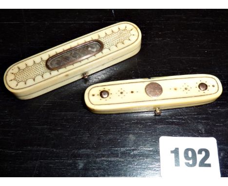 Ivory and gold Georgian toothpick holders, one with hairwork inset panel