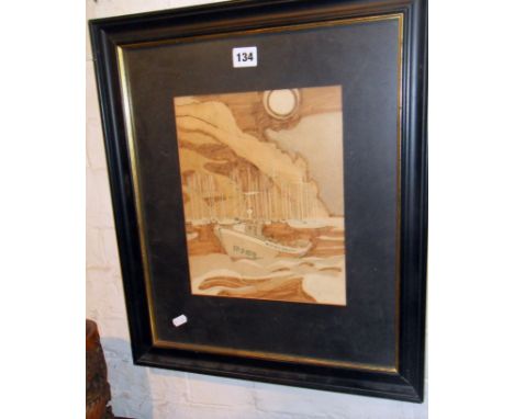 Watercolour design for marquetry panel by B. Knudsen of a seagoing trawler and yachts at dusk