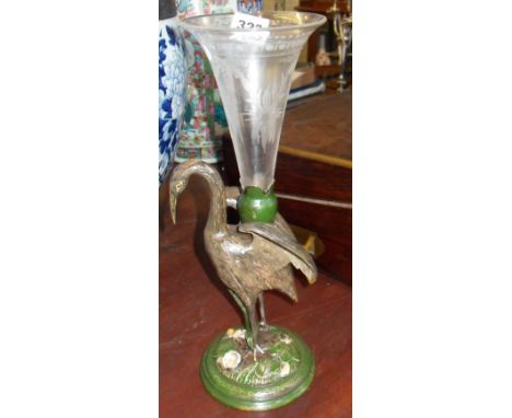 Art Nouveau painted metal and glass epergne in the form of a stork with single etched glass trumpet