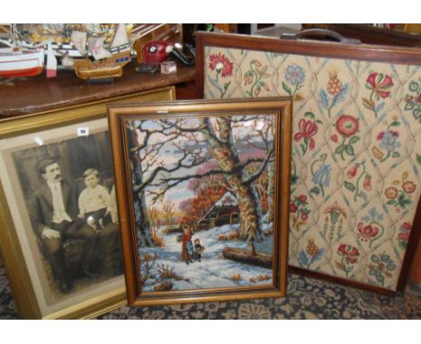 Large framed crewel work tapestry, woolwork picture and an Edwardian family photograph