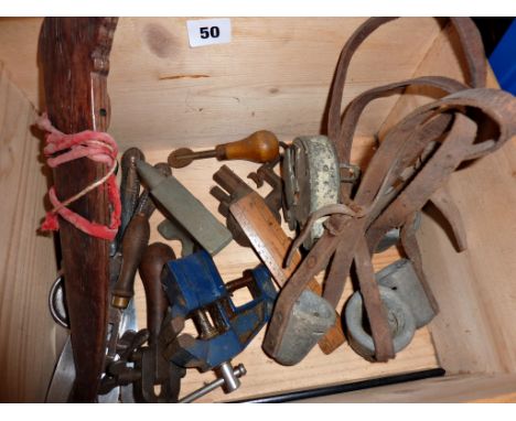 Box of old padlocks, clamps, tools, cutlery, lead horn protectors for cattle etc