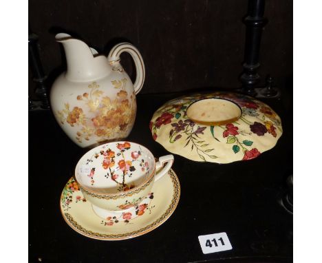 Royal Worcester blush ivory jug with shaped spout (A/F), a Crown Ducal Art Deco floral cup & saucer, and a Tuscan Decoro pott