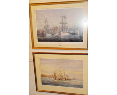 Signed colour print titled "Tall Ships in Weymouth Harbour" by E.D. Walker and a colour print of the yacht "Hoshi" off the Is