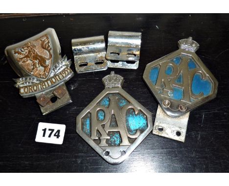 Two vintage RAC Automobile or car club badges and another commemorating the Queen's coronation 1953