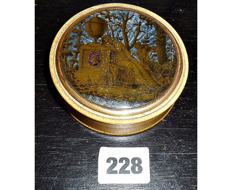 18th c. French Guilloche enamel box, painted in gold to lid with a classical scene. Tortoiseshell lined,  Louis XV period