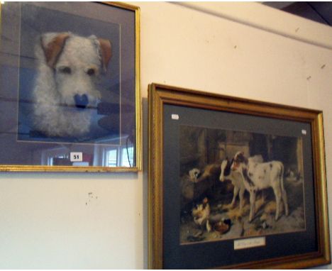 Pastel portrait of a terrier and another large framed print entitled "The Dog in the Manger"