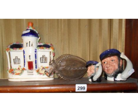 Staffordshire cottage, a 19th c. glass double gimmel or bellows flask, and two miniature Royal Doulton "Capt. Ahab" character
