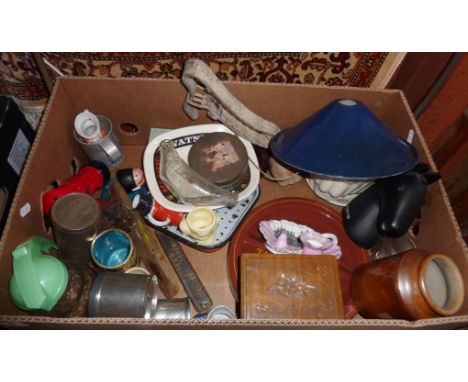 Box of advertising tins, enamel, tools, kitchenalia etc