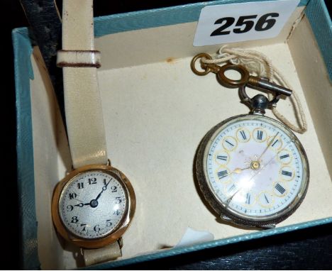 Ladies silver pocket watch with finely engraved case (cracked glass), and a 9ct gold ladies wrist watch