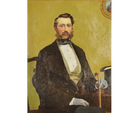 HAROLD HARVEYA portrait of Francis Elliot Voyle in evening dress, he sits with his top hat on a table beside him Oil on canva