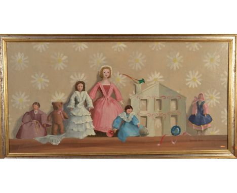 DEBORAH JONES A Shelf in the Nursery Oil on board Signed 42 x 85cm