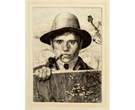 LEON UNDERWOODSelf portrait in a landscapeEtching Signed to the plate17 x 12.2cm(See illustration)  Condition report - There 