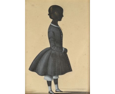 A painted early 19th century silhouette full length portrait of a girl heightened with white and gilding.   Condition report: