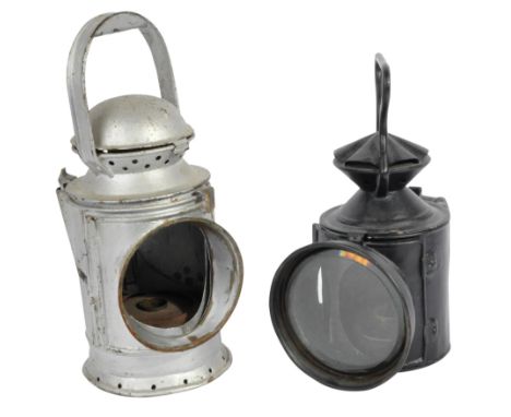 Railways - Two vintage railway headlamp / signal lamp / lanterns. One being a silver painted example with inside compartment 