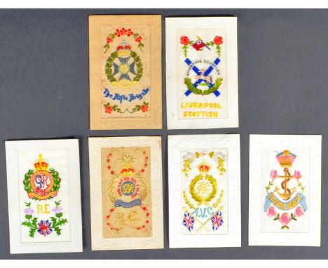 A collection of x6 original WWI First World War period regimental silk postcards. Includes cards with emblems for: Royal Engi