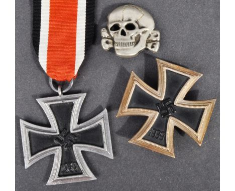 WWII Second World War Interest: a collection of x3 Third Reich Nazi German items, comprising; x2 replica Iron Cross medals (F