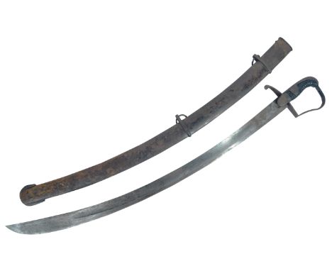 An 18th century 1796 pattern British Light Cavalry sword / sabre. Shaped steel guard, with black grips, leading to a curved q