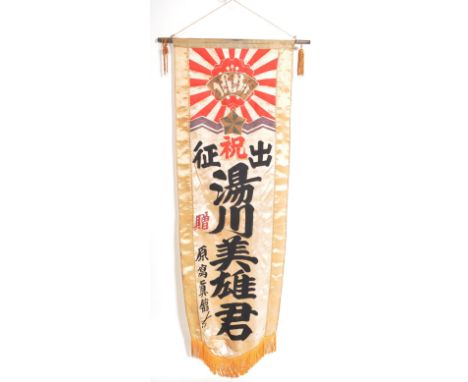 An original WWII Second World War Imperial Japanese Hata ' Going To War ' silk banner. Rising sun motif to top, with text rel